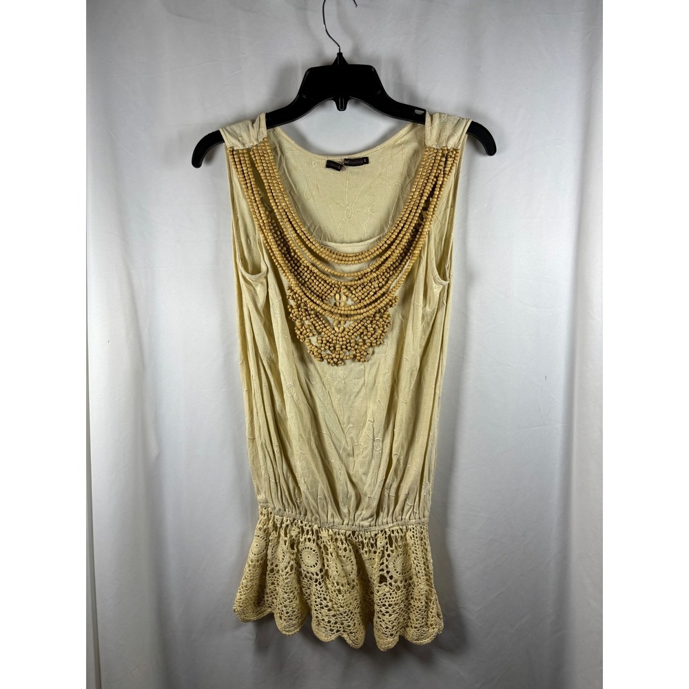 Hazel Haze Beige Crochet‎ Trim Beaded Neckline Sleeveless Top Size S